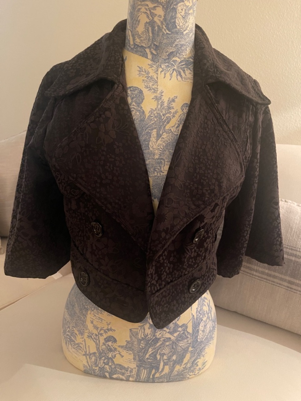 Chocolate Cropped Double-Breasted Floral Jacquard Jacket